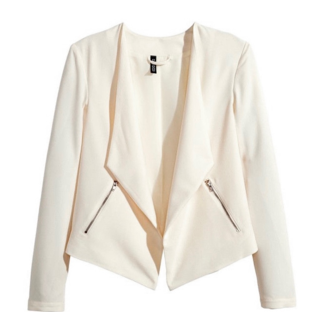 H&M White Blazer Asymmetrical Lapel Open Front